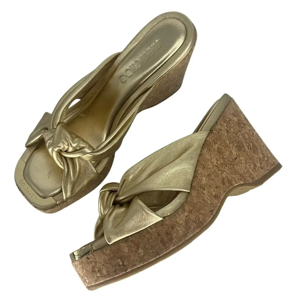 Jimmy Choo Avenue‎ Metallic Leather Cork Wedge Sandals Gold 37